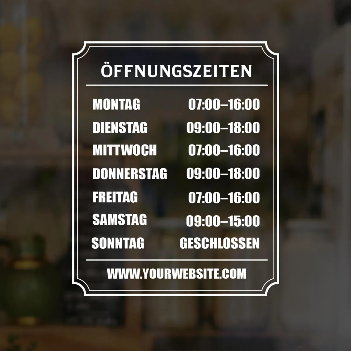 Öffnungszeiten Aufkleber Schaufenster mit Rahmen 23x30 cm – Wunschtext Fensterfolie Schaufensterbeschriftung – wetterfest weiß für Glastür Geschäft Laden – Made in Switzerland