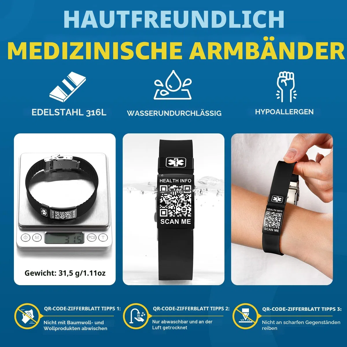 Medizinisches Armband mit QR-Code-Notfall-ID, aus Silikon, wasserdicht, passt bis 22,9 cm Handgelenk, Notfallinfo, mehr Platz, für Sport, Jungen/Mädchen/Damen/Herren