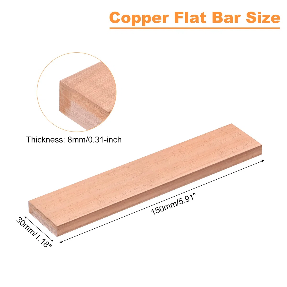 sourcing map 150mm Lange Kupferplatten 30mm Breite, 99.99% Reines Kupferstange Flach Kupferblech 8mm Dicke, Kupferprofile Metallblech Kupfer Flachstange für Modellbau Schmuck Basteln Messebau