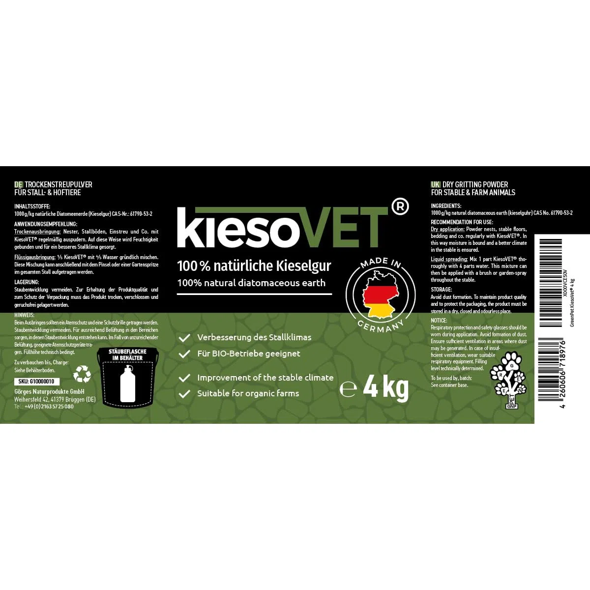 GreenPet KiesoVet Kieselgur für Hühner 4kg - gegen Milben, rote Vogelmilbe, Diatomeenerde & Kieselerde Pulver inkl. Stäubeflasche, für Hühnerstall & Geflügel Betriebe, Bio