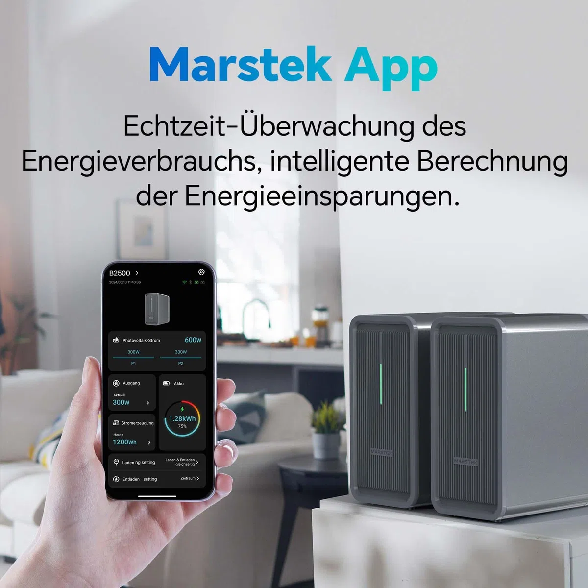 Marstek B2500 Balkonkraftwerk mit Speicher 2026 Updated,2240Wh LiFePO4 Akku,2 MPPT, 1600W PV-Eingang, 800W DC-Ausgang,Erweiterbar auf 8,96kWh, Plug & Play,0% MwSt