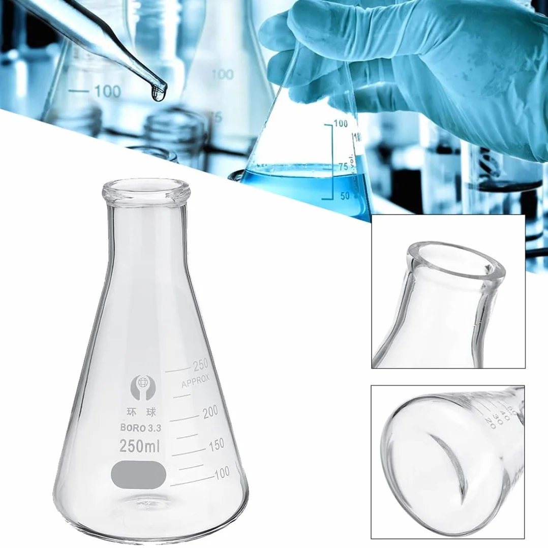 Glas Erlenmeyerkolben Set, JESTOOLO 250ml 200ml 150ml Konisch Fläschchen, 10 ml/5ml Messzylinder Glas mit 3 Glas Pipetten, 2 Waschbürste und 2 Glasstab, für Labor Lebensmittel Forschung Medizin