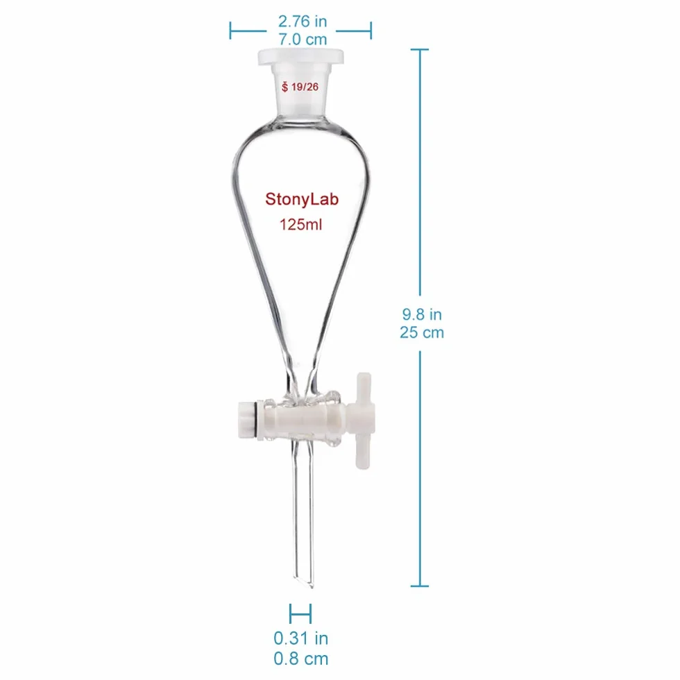 stonylab Scheidetrichter Glas, Borosilikatglas 125 ml Scheidetrichter Heavy Wall Conical Separatory Funnel Trichter mit Glas Absperrhahn 19/26 Gelenk und PTFE-Absperrhahn, 125 ml