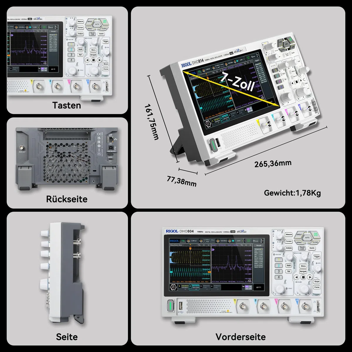 RIGOL Oszilloskop,DHO804 Tragbares Digitales Oscilloscope,70MHz Bandbreite,4 analoge Kanäle,12bit vertikale Auflösung,niedriges Grundrauschen,Unterstützung für mobile Netzteile