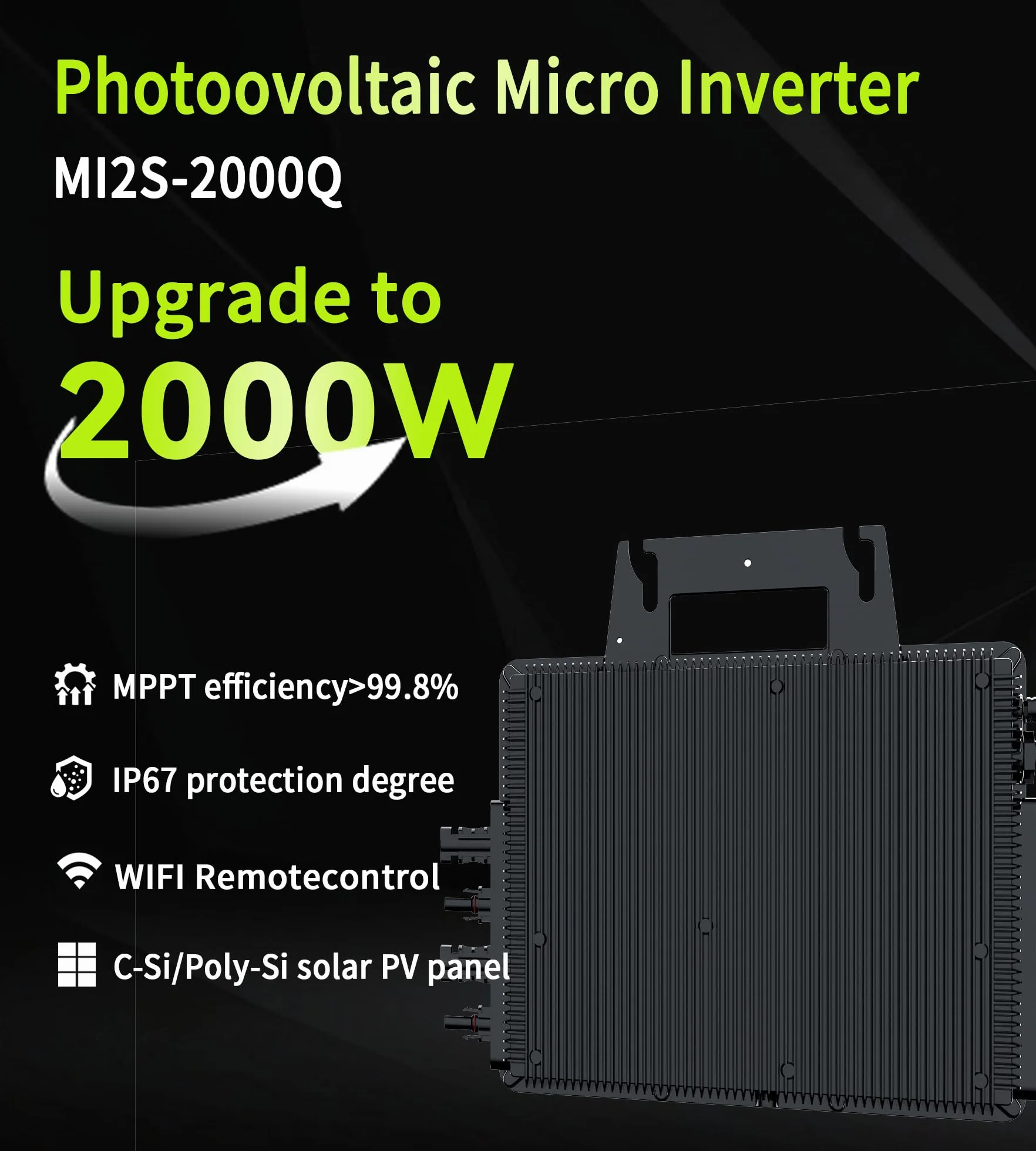 RC Mikrowechselrichter 2000W für Balkonkraftwerk, 26-60V DC Eingang pro Kanal, 99.8% MPPT Inverter, unterstützt WiFi, App Fernüberwachung, IP67, 0% Mehrwertsteuer