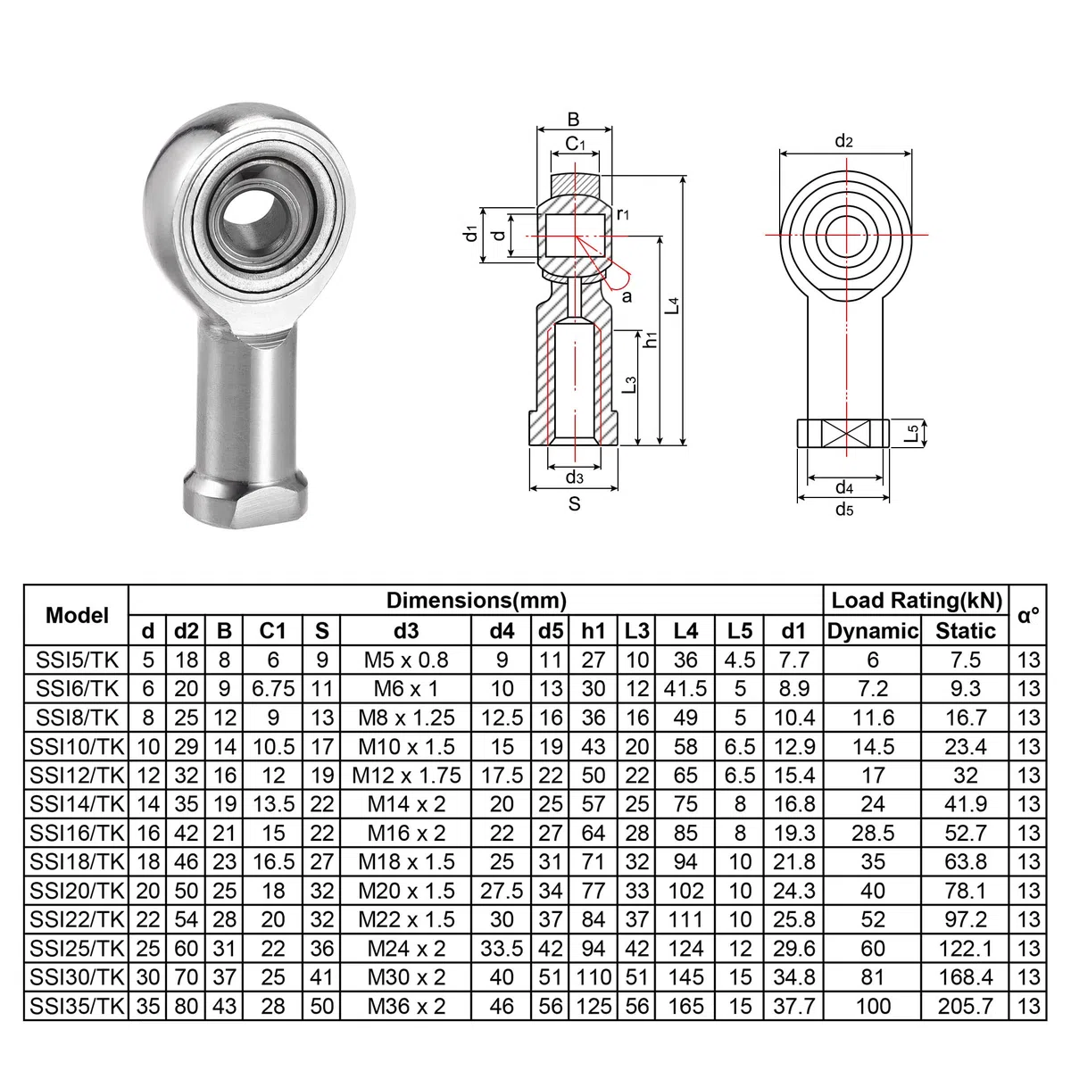 sourcing map 2 Stück Gelenkkopflager SSI6T/K 6mm Bohrung Edelstahl M6x1 Innengewinde Rechtsgewinde