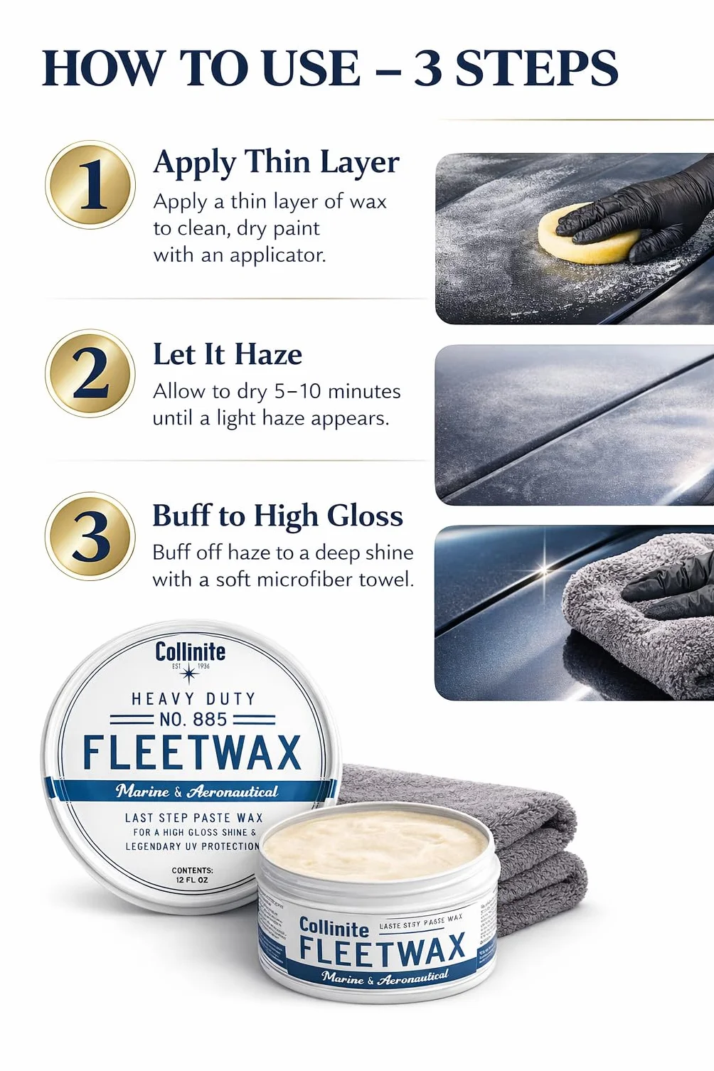 Collinite No. 885 Fleetwax Paste 12 oz (355 ml) – Hochwertiges Wachs für Boote, Yachten & Autos | Schutz vor Salz, UV & Wasser + Mikrofasertuch 40x40 cm & Applikator-Pad Fiwiko