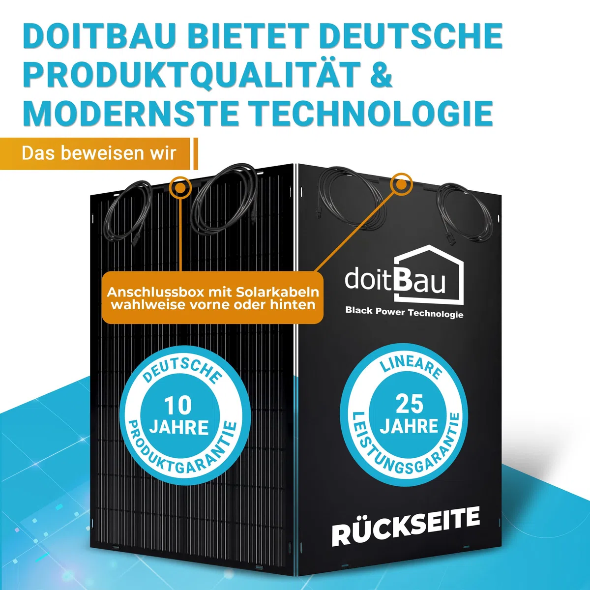 doitBau - Flexibles Solarpanel 200 Watt Full-Black mit Befestigung DB200FLEX I Anschlussbox vorne I Solarmodule für Balkonkraftwerk, Camping, Boot I Mit 19,5% Wirkungsgrad I Solarmodul begehbar