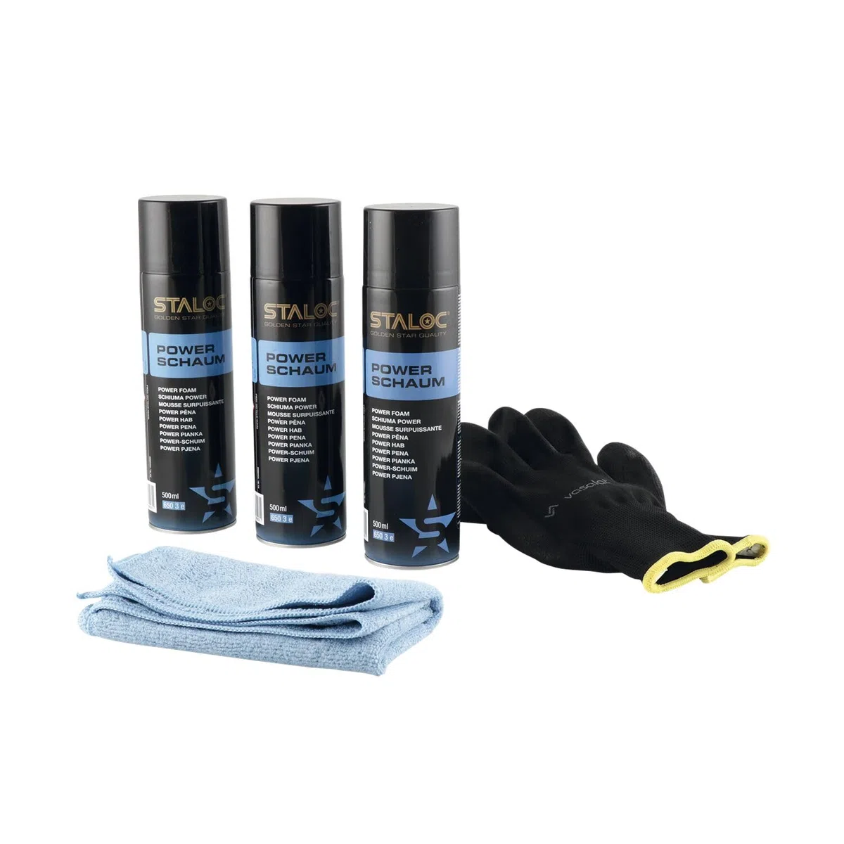 Staloc Powerschaum Set - Universal Schaumreiniger für hartnäckige Verschmutzungen, Allzweckreiniger Spray - 3x Reinigungsspray + 1x Mikrofasertuch
