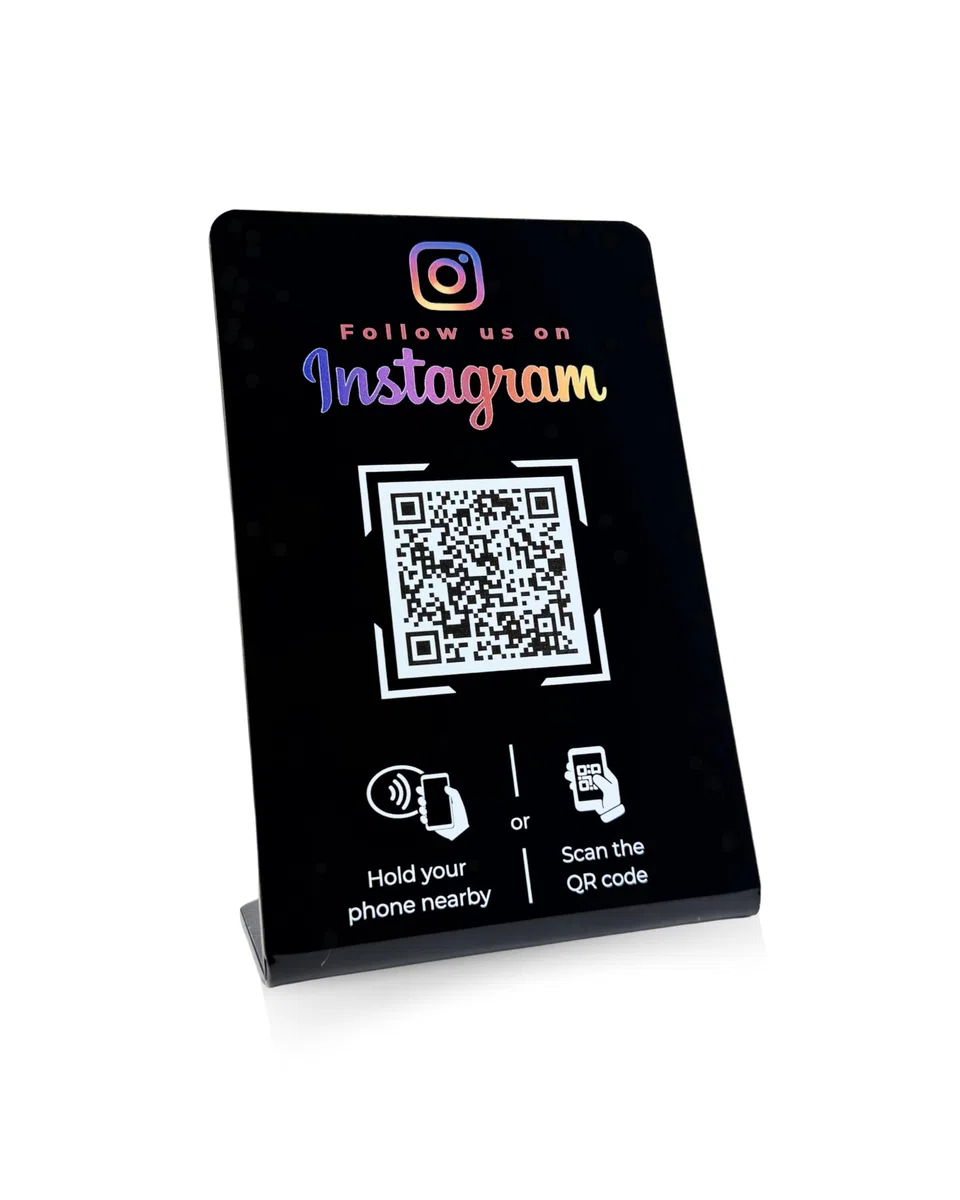 Aufsteller für Instagram mit QR-Code und NFC-Chip (Englisch) 16,5 x 10,5cm - schwarz