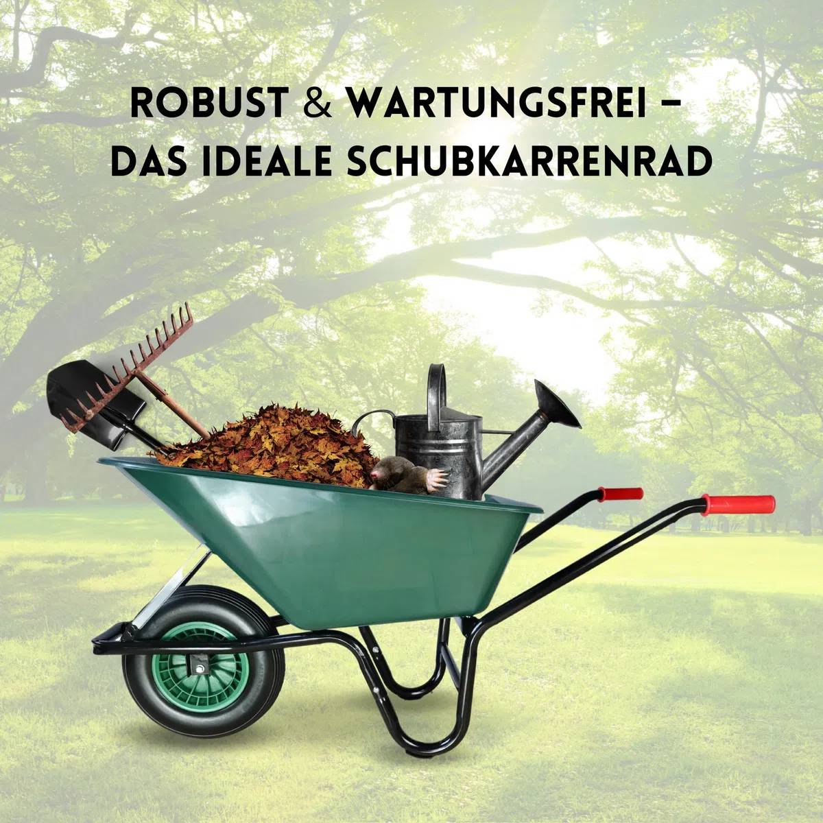 FROSAL PU Schubkarrenrad 400 pannensicher | Rad Vollgummi Schubkarre | Ersatzrad 4.80/4.00-8 Kunststoff-Felge grün | Reifen 100 mm Breite