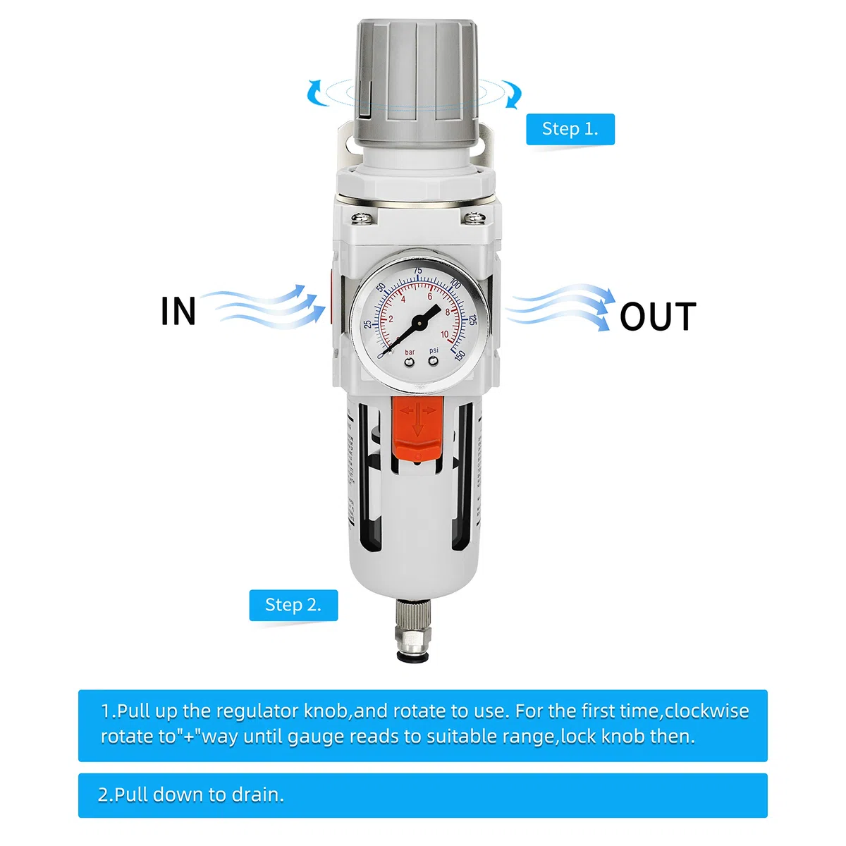 NANPU 3/8" BSP Druckluft Filterregler - 5 μm Messingfilterelement, Manometer (0-10 bar), Poly-Schale, Halbautomatisches Ablassen, Halterung