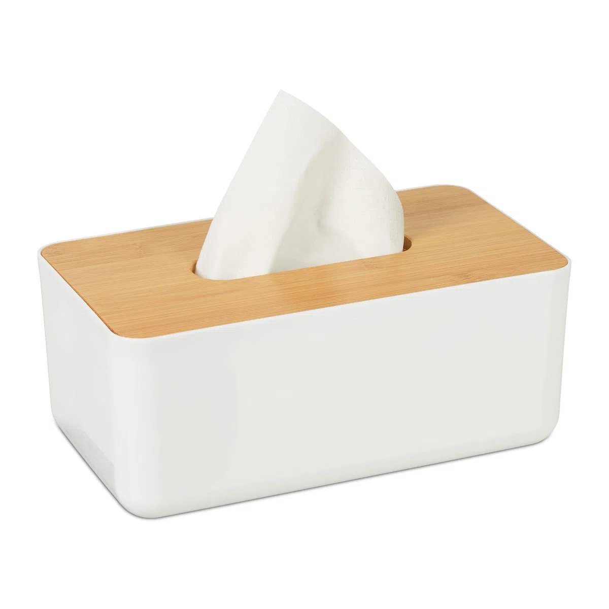 Relaxdays Kosmetiktücherbox aus Bambus HxBxT:7,5 x 24 x 12 cm Taschentuchspender, natur & Tücherbox mit Deckel aus Bambus, fürs Bad, modernes Design, Kunststoff, H x B x T: 10 x 23 x 13 cm, weiß/natur
