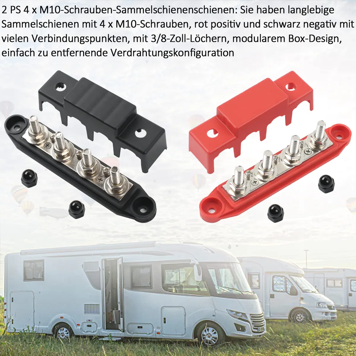 12V-48V DC Sammelschienen Verteilerblock 250A BusBar Box mit 4 x M10 Klemmenbolzen Hochleistungsmodul, Stromverteilungsblock Erdungsstrom für Auto RV Boat Yacht (Rot Schwarz, 2PCS)