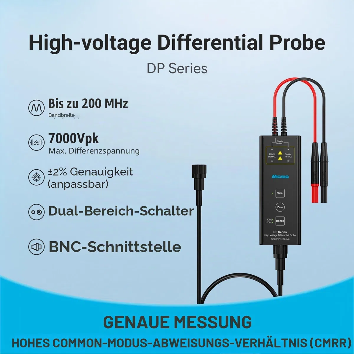 Micsig DP1500 Hochspannungs-Differenzsensoren-Sonden-Set, 3,5 ns, Dämpfungsrate 50X/500X, Oszilloskop-Sonden-Kit Zubehör, 1500 V 100 MHz, DP10013