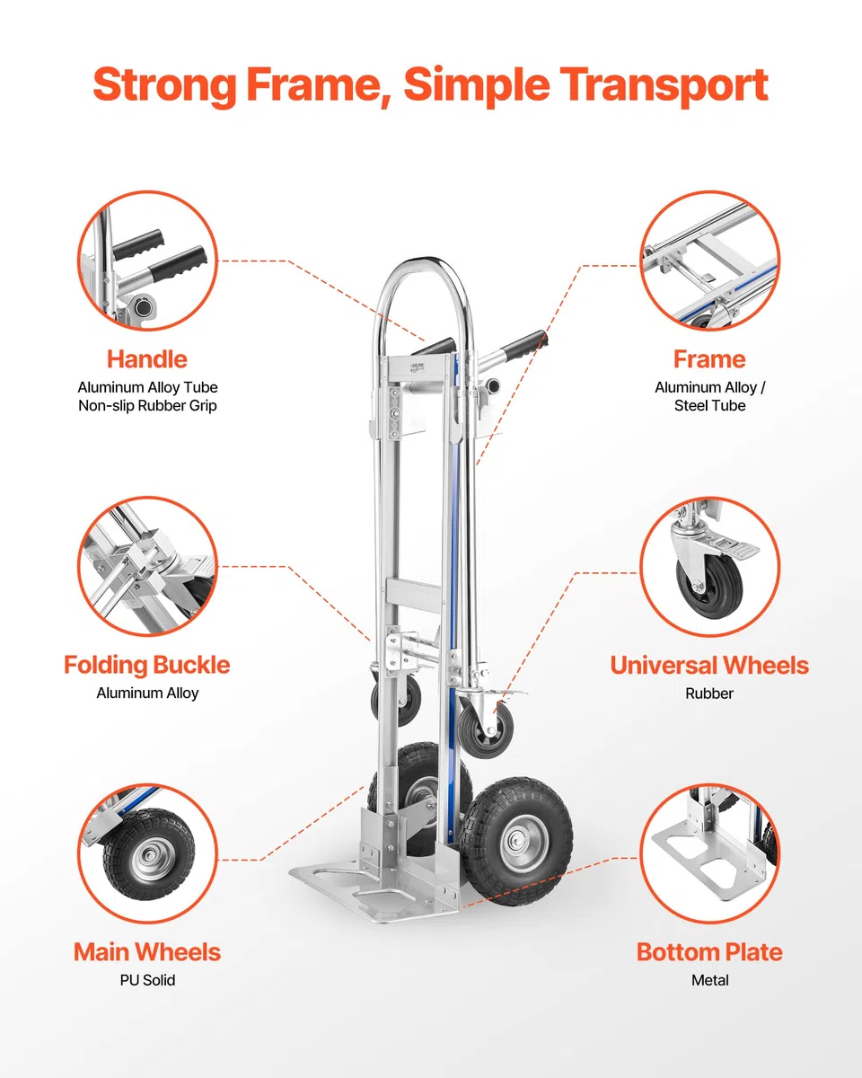 VEVOR 2-in-1-Sackkarre 454 kg, Transportkarre im 4-Rad-Modus, Umwandelbarer Plattformwagen mit Rutschfestem Griff, Tragbarer Handwagen Transportwagen, Trolley für Umzüge, Büro, Lager, Supermarkt