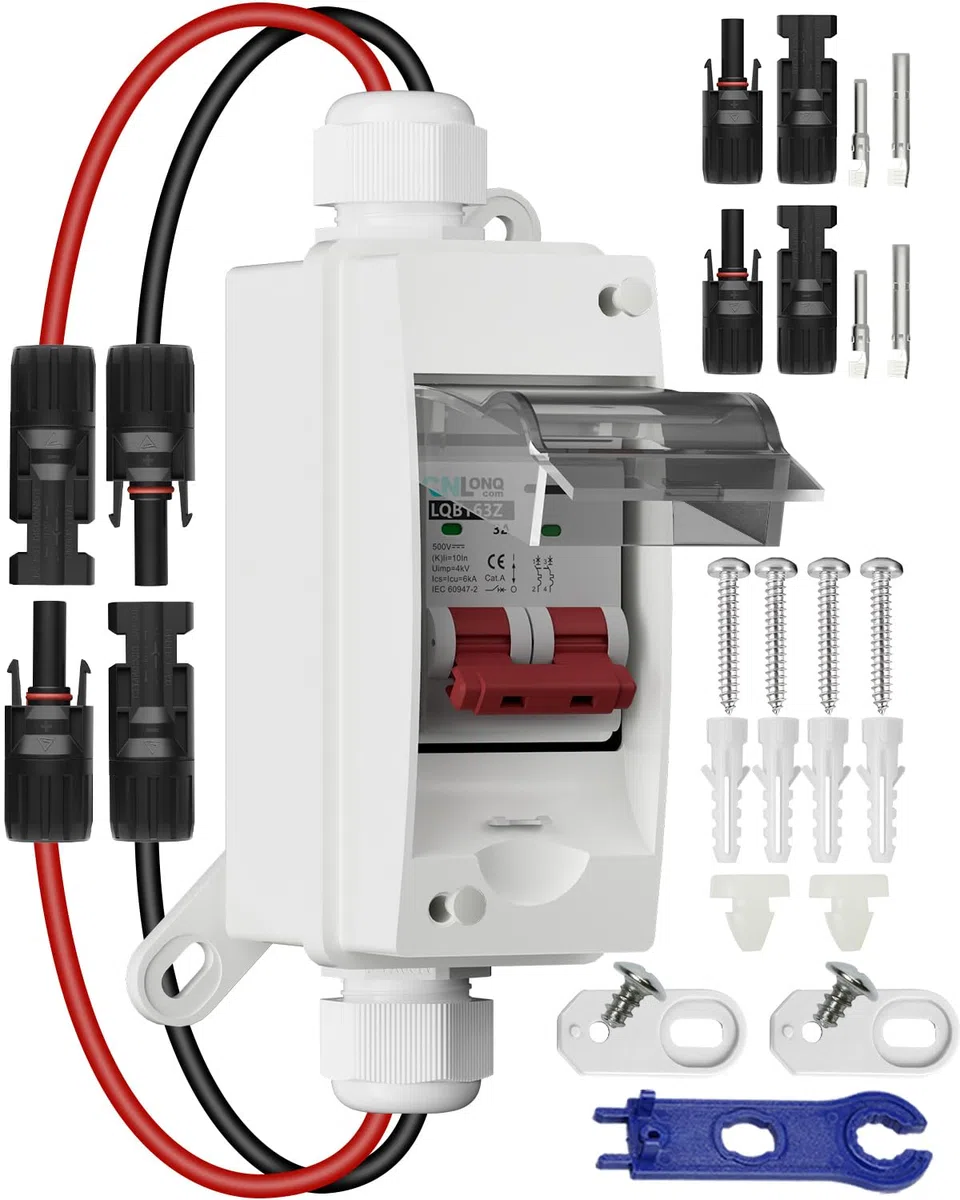 DC Trennschalter PV Anlage 32A 500V Sicherungsautomat 2polig IP65 Wasserdicht mit Kabel und Haken für Solarmodule Einspeisesteckdose Balkonkraftwerk