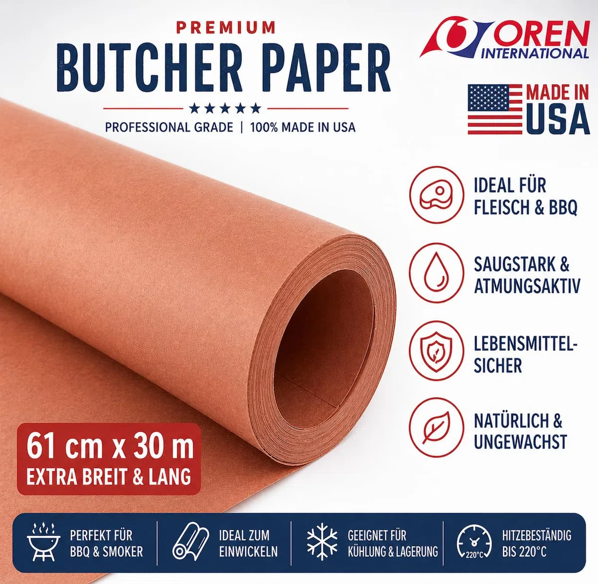 Oren Pink Butcher Paper - ORIGINAL US-IMPORT - 30 Meter x 61 cm - Metzger Papier – für BBQ Smoker Grill