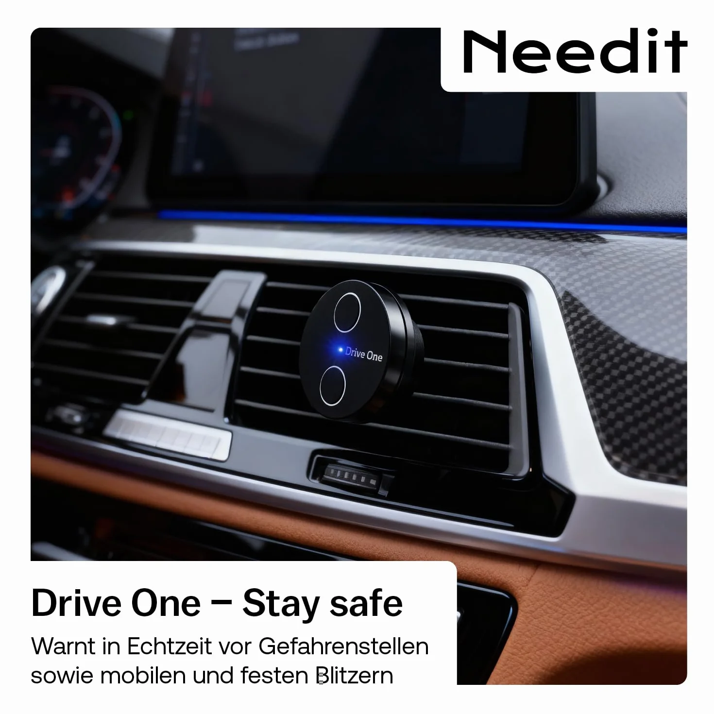 Needit Drive One 2 Verkehrswarner [Neues Modell 2026] - Set inkl. Halterung I Warnt vor Kontrollen und Gefahren im Straßenverkehr I Automatisch aktiv bei Smartphone-Verbindung I Stabil befestigt