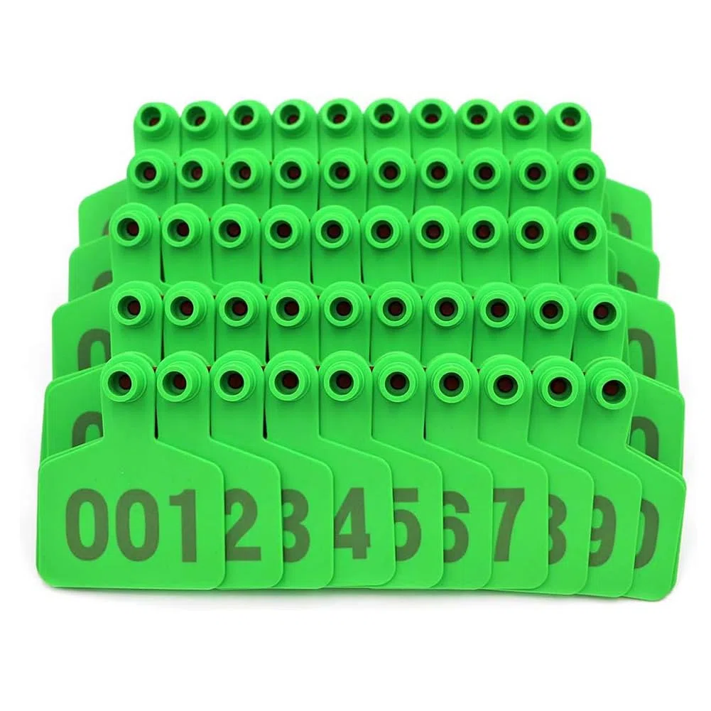 100 Stück Rinder-Ohrmarken Nr. 001-1000, Kunststoff-Ohrmarken für Nutztiere für Kühe, Ziegen, Schafe, Schweine, Tieridentifikations-Ohrringe 401-500 Grün