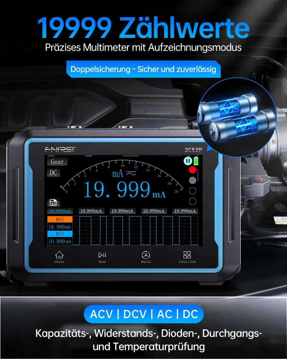 FNIRSI 2C53P Handheld Tablet Oszilloskop, Multimeter, DDS-Signalgenerator 3IN1, 2-Kanal Automobil Oszilloskop Multimeter mit 50MHz Bandbreite, 19999 Zählungen, 250MS/s Abtastung, 4,3-Zoll-Touchscreen