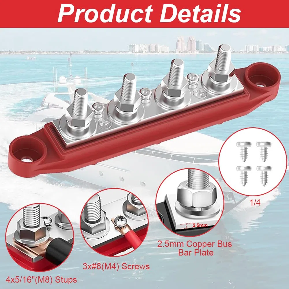 2 Stück 12V-48V DC Sammelschienen Verteilerblock mit 4 x M8 Klemmenbolzen, 250A BusBar Box für Auto Marine Auto Anhänger Wohnmobil Boot (Schwarz Rot)