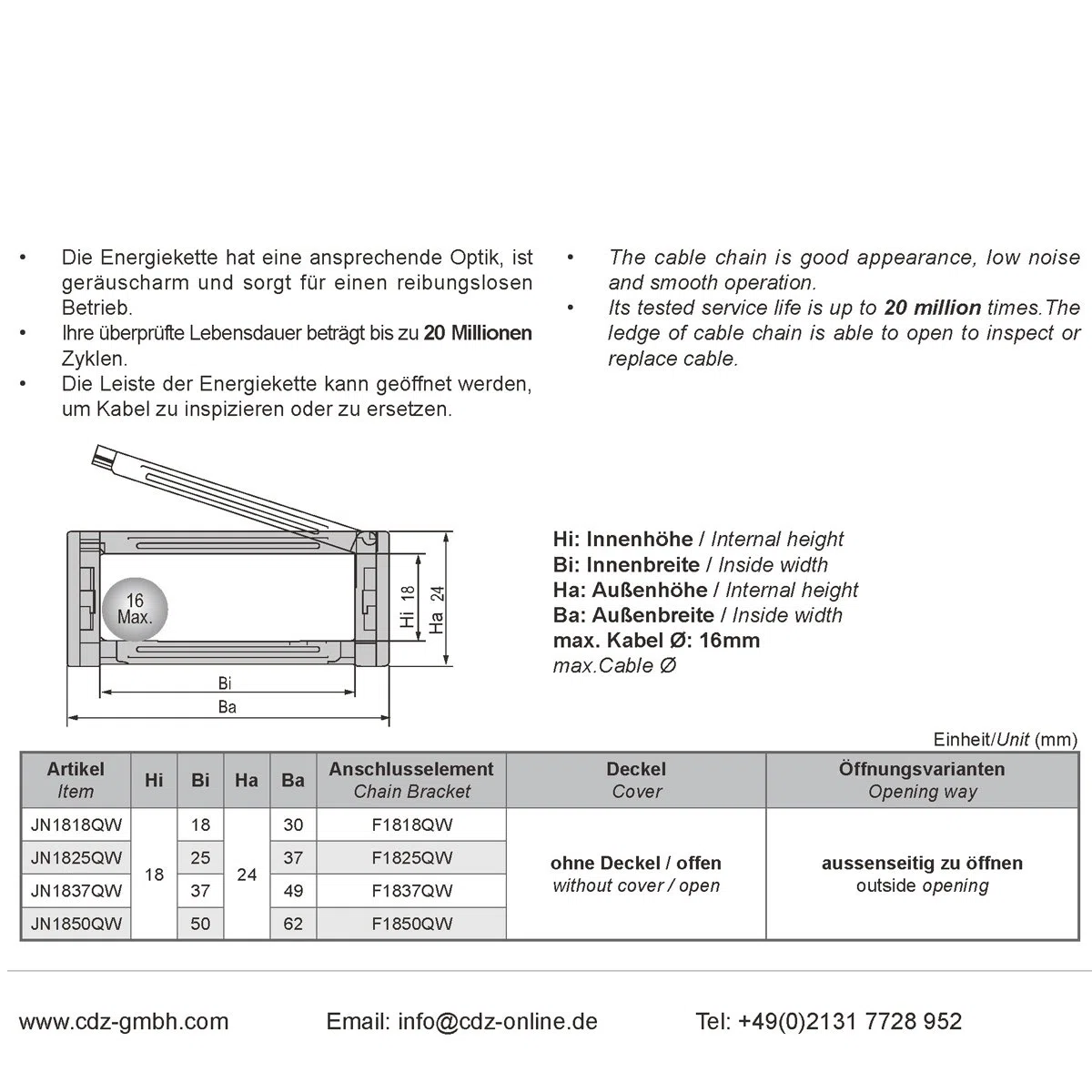 JFLO 1M, Energiekette 18x 25,37,50mm R38 aussenseitig zu öffnen - Schleppkette - Kabelführung inkl. 2 x Anschlusselemente (Mitnehmer und Festpunkt) (JN1825QW)