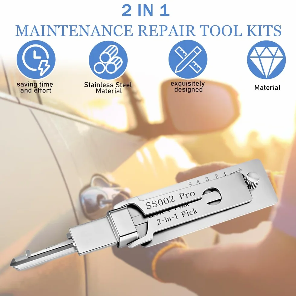 2-in-1 SS002 Pro Dietrich-Set für S-Rillenschlösser, Edelstahl-Schlüsseldecoder & Dietrichwerkzeug, Kompatibel mit Auto/Hausschlössern, Leicht & Präzise für Anfänger & Profis