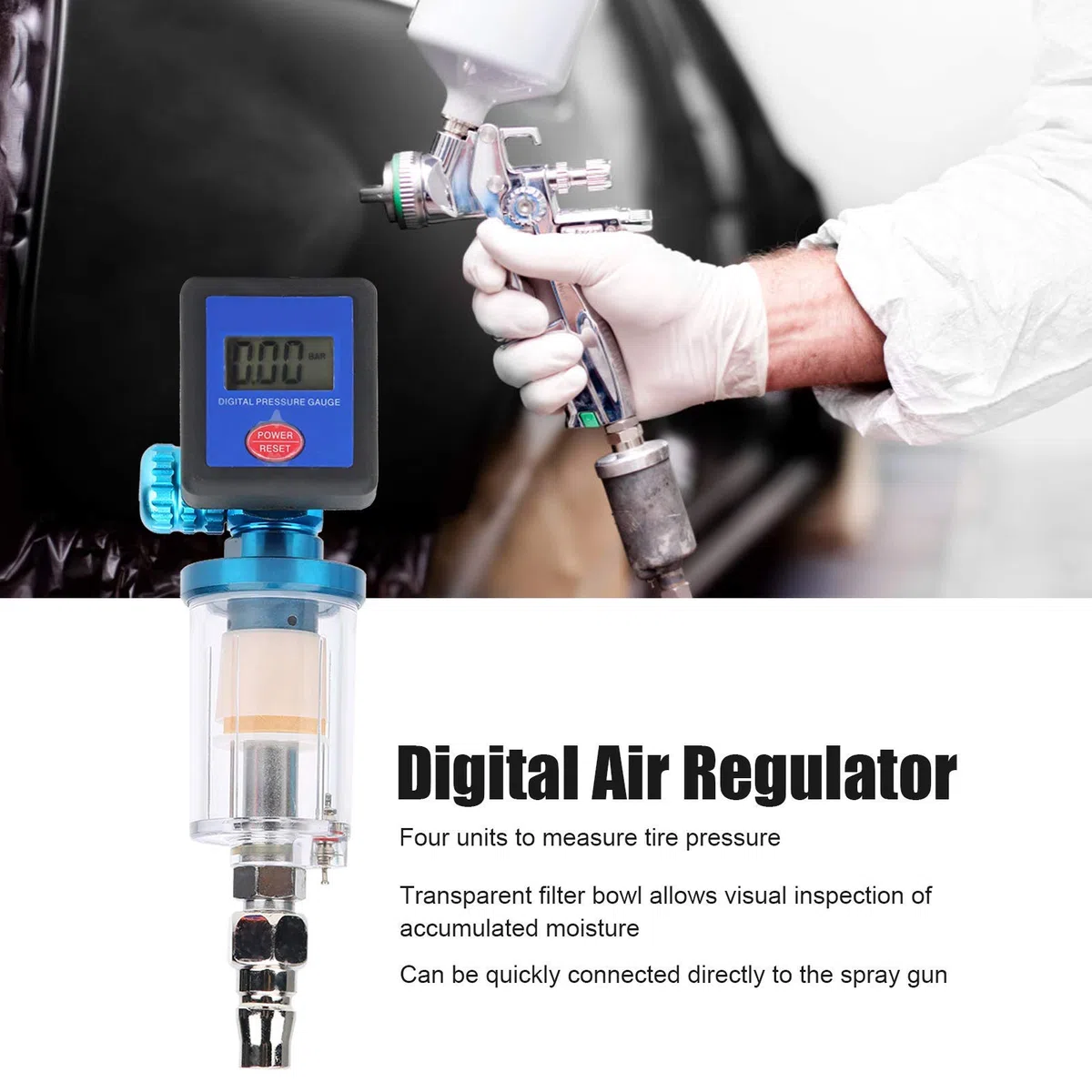 Digitaler Luftregler, Luftkompressorfilter, 140PSI 1/4 "Luftdruckregler-Messgerät, Öl-Wasserfallen-Filterregler mit Anschluss für Spritzpistole