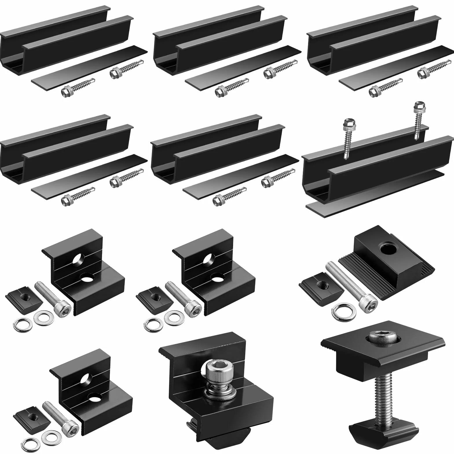 GETLITOOL Solarmodul Halterung, PV Halterung Montageset zur Montage 2 Module-12cm Alu Schiene, Verstellbare Klemme für 30-35MM Module, Solarpanel Halterung Flachdach Trapezblech Ziegeldach| Schwarz