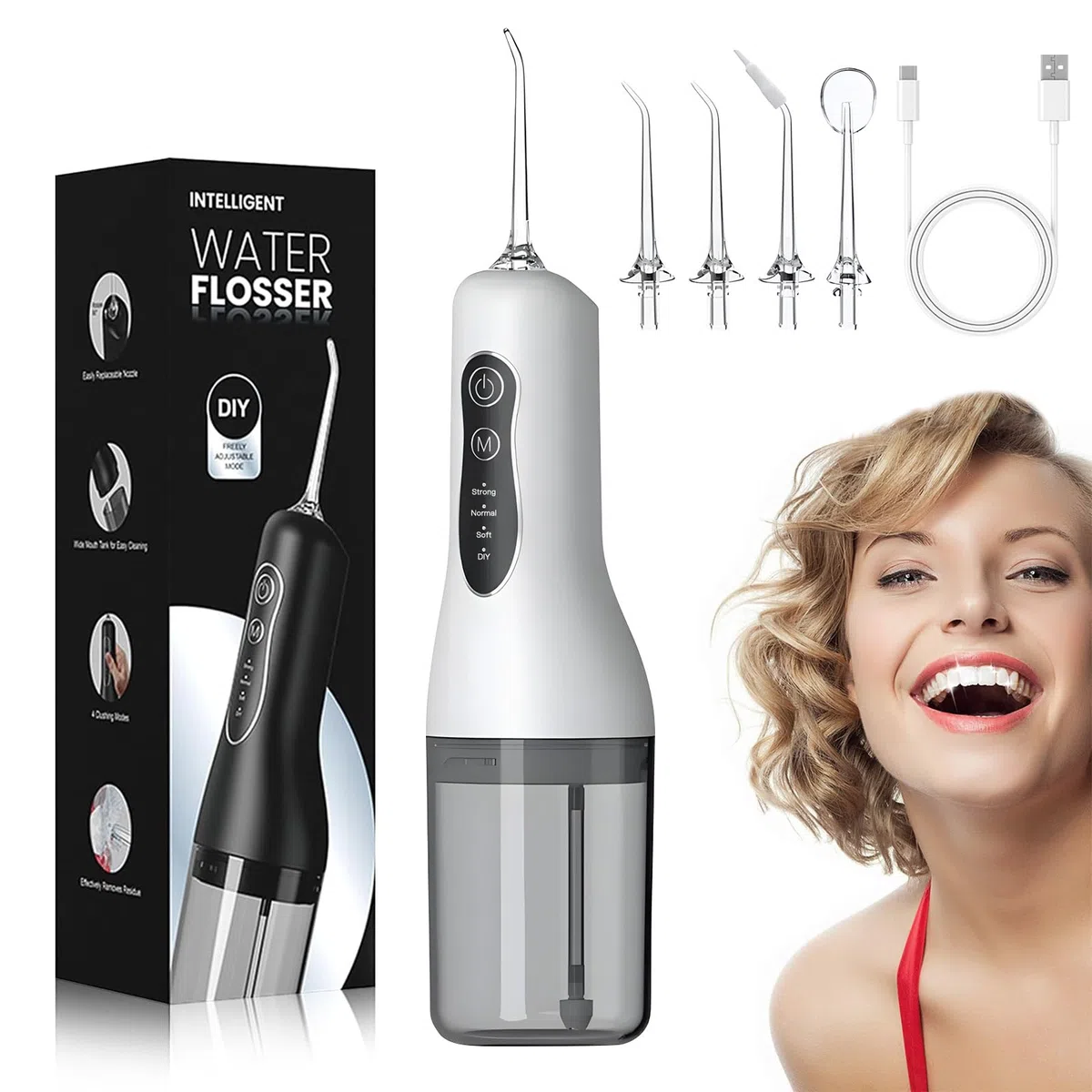 Munddusche Kabellos Elektrischer, Professional Water Flosser, 4 Modi & 4 Düsen, IPX7 Wasserdicht, 1300mAh USB-C Wiederaufladbare Wasser Flosser, 260ML Zahnzwischenraumreiniger Elektrisch
