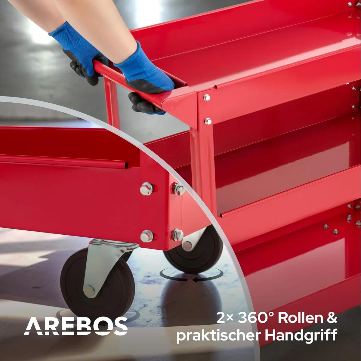 Arebos Werkstatt-Rollwagen | Montagewagen mit 3 Ablagefächern | bis 120 kg belastbar | robuster Werkzeugwagen aus Stahl | Mobile Transporthilfe mit 2 Lenkrollen | für Werkstatt, Garage & Hobbyraum