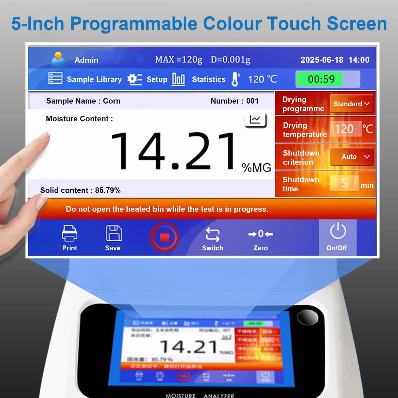 Halogen-Feuchtemessgerät, Feuchtemessgenauigkeit 0,01%, 120g Fassungsvermögen, Touchscreen, Labor-Feuchtemessgerät Für Landwirtschaftliche Tests, Mit RS232-Schnittstelle B-1202