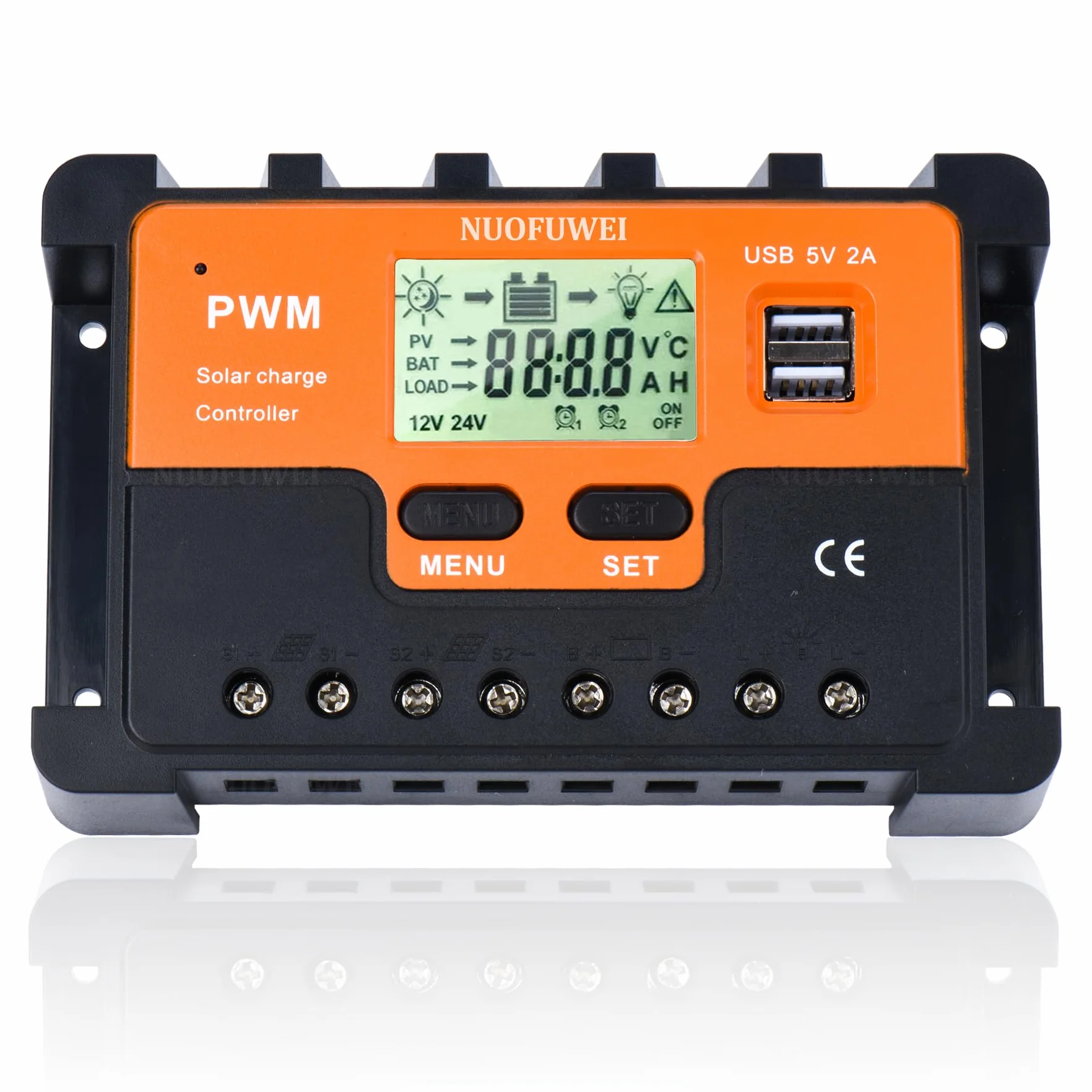 60A Solar Laderegler 12V 24V 48V Solarregler, PWM 60A Solarladeregler mit Temperatursensor 2USB Ports, für Max Solarpanels 12V(780W) 24V(1560W) 48V(3120W) Bleisäurebatterie Lithiumbatterie
