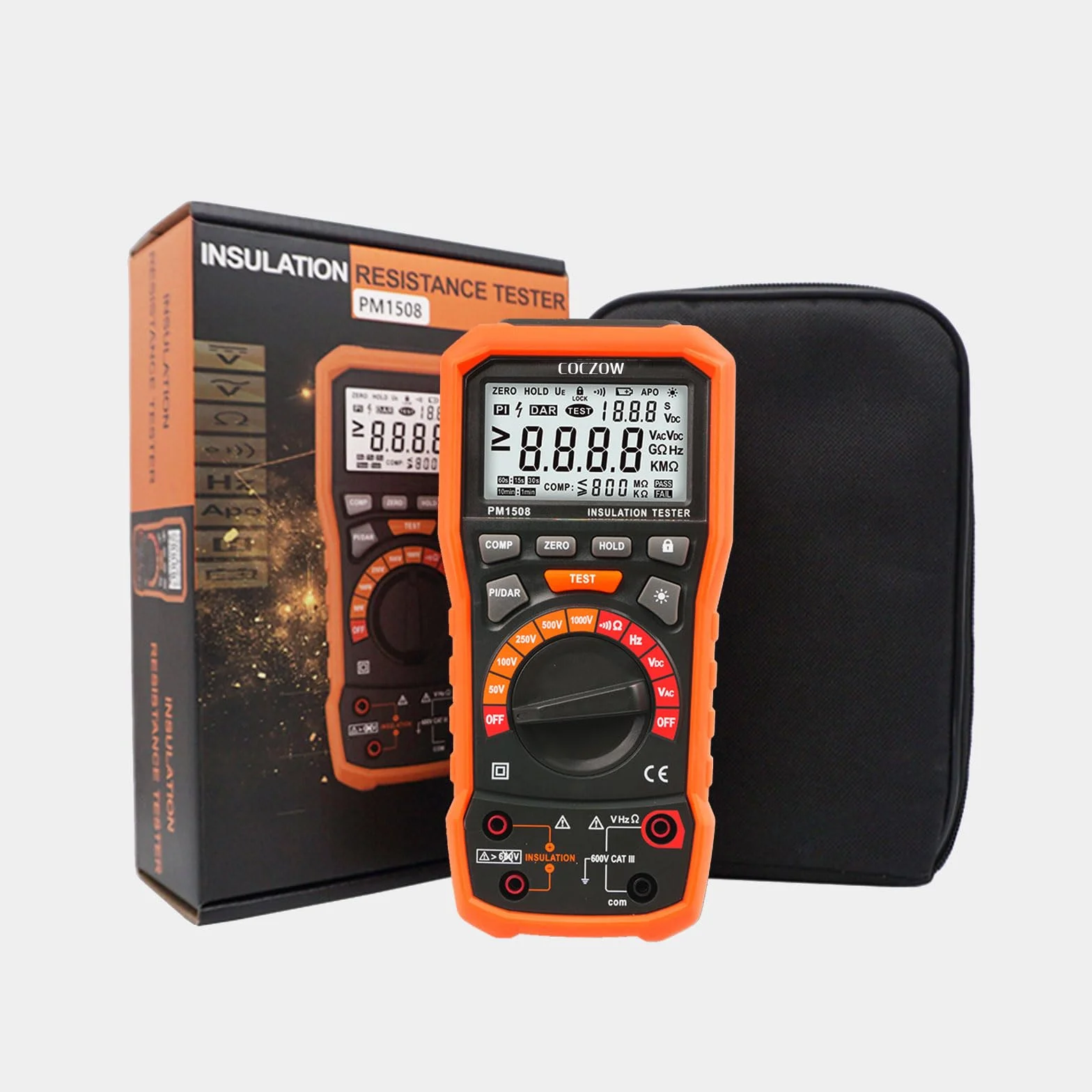 Digital Megohmmeter Isolationswiderstandsprüfer 1000V AC/DC für elektrische Geräte, Isolationswiderstand bis 100 GΩ, mit PI/DAR, Frequenz- und Niederspannungsprüfung, mit LCD-Display PM1508