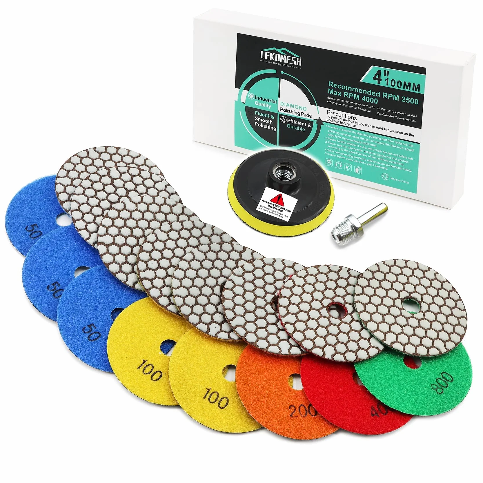 Diamant Polierscheibe LEKOMESH - 8pcs 100MM (#50 * 3/100 * 2/200/400/800) mit Haken & Loop Backing Halter Disc,Trockenpolierpad-Set für Granit, Marmor, Kunststein, Quarz
