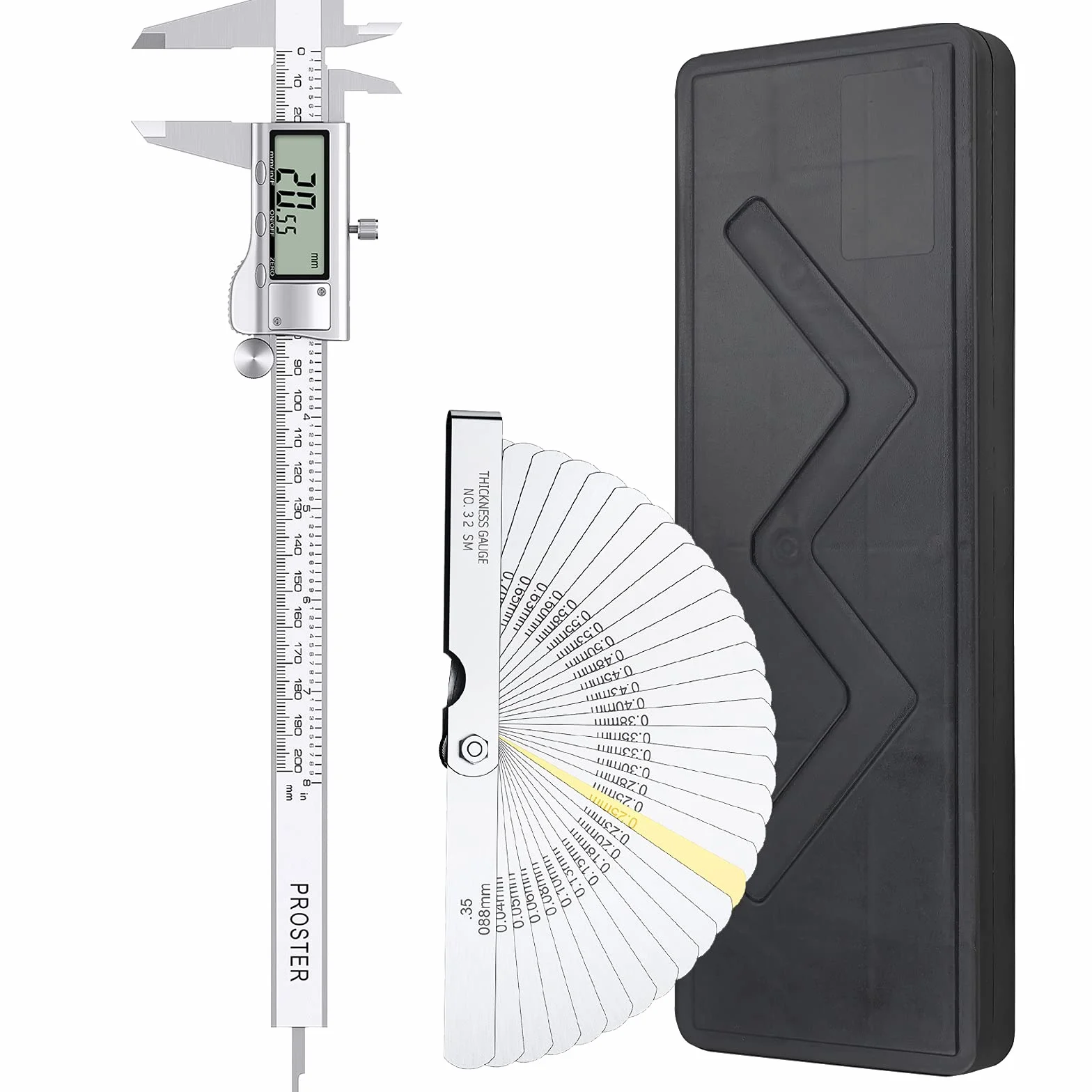 Proster Digitaler Messschieber 8 Zoll/200mm + 32 Fühlerlehre Schieblehre Edelstahl Elektronischer Meßschieber Zoll/Fraktionen/Metrisch Messschieber für Länge Breite Tiefe Innen-/ Außendurchmesser