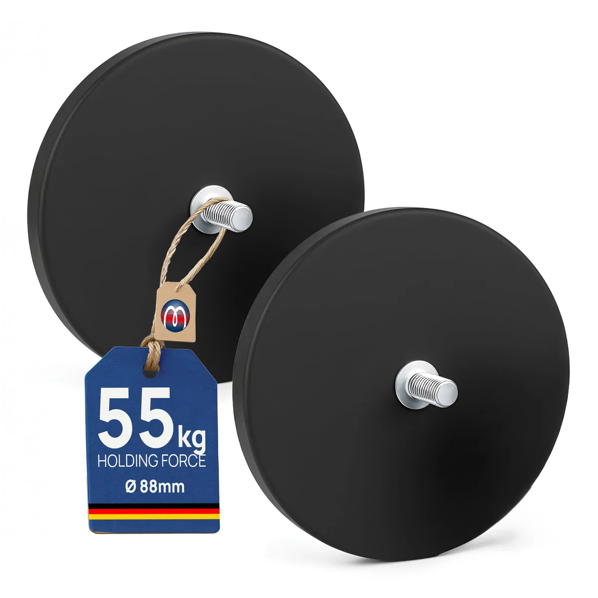 2 x Neodym Magnet-System gummiert Ø 88 mm Gewinde-Zapfen (Außen-Gewinde) M8 - Haftkraft 55 kg - 2 Stück - Starke Magnete mit Gummi-Mantel - Anti-Rutsch Beschichtung
