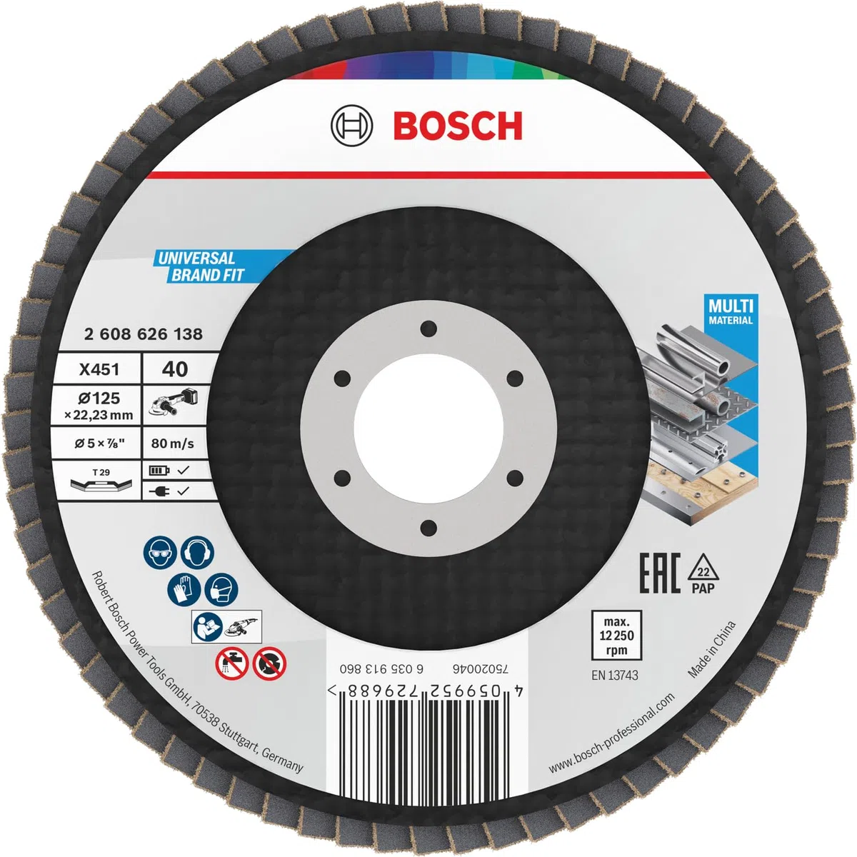 Bosch 15x X451 Fächerschleifscheibe, K40, K60 (für Stahl, Aluminium, Ø 125 mm, Körnung 40, Professional Zubehör Kleiner Winkelschleifer)
