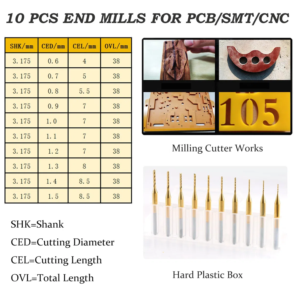 10 Stücke Hartmetall Schaftfräser, 1/8 Schaft Titan Coat CNC Fräser Stückchen Fräser Schnitzsatz, Stirnfräser Drehgrat Werkzeug Gravur Bits für PCB/SMT/Hartholz/Leiterplatte/Faser, 0,6-1,5mm