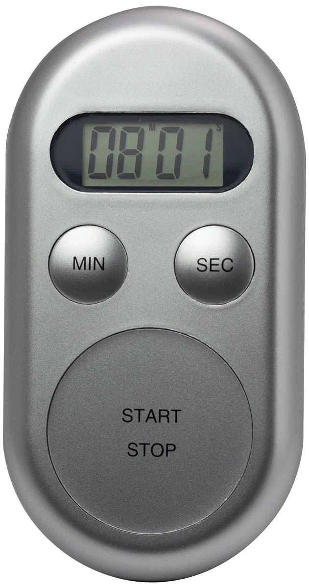 Kurzzeitmesser KT188, Silber, oval, Count-down bis 99 Min, 59 Sek., 30-sekündiger Alarm beim Erreichen von 0, Timer-Memory-Funktion, Magnet zum Befestigen an Metallflächen, große Start-/Stopptaste