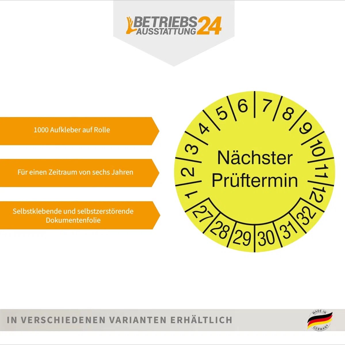 Prüfplakette „Nächster Prüftermin“ - Rolle mit 1000 Stück - Fälschungssicher - Dokumentenfolie, selbstklebend Ø 1,5 cm - gelb/schwarz - Jahre: 2027 – 2032 - Prüfetiketten