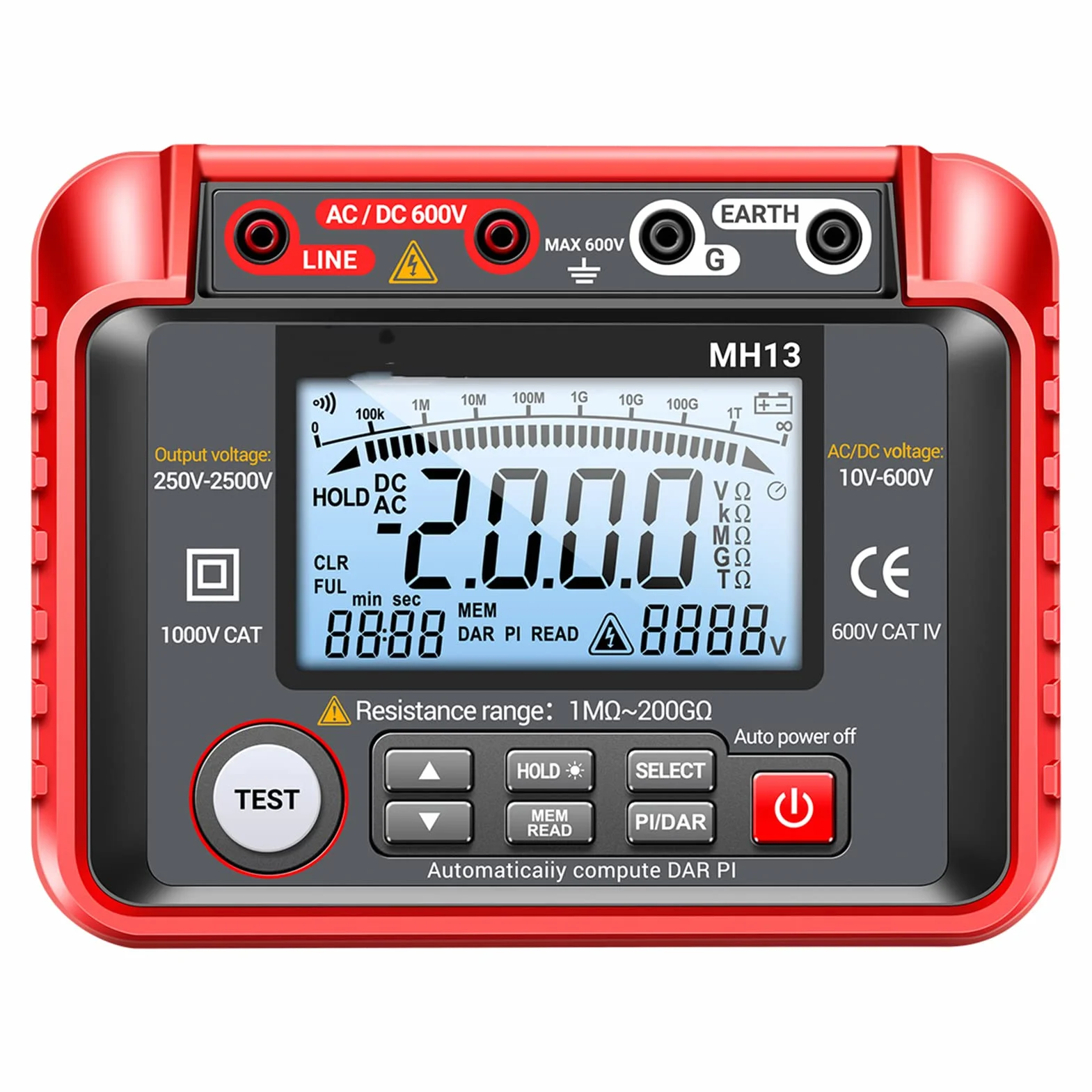 MH13 250V-2500V Digitaler Isolationswiderstandstester 1MΩ-200GΩ Megohm Test Meter Auto Range 2000 Counts LCD Display 10V~600V AC/DC Voltmeter mit 100 Datenspeicher