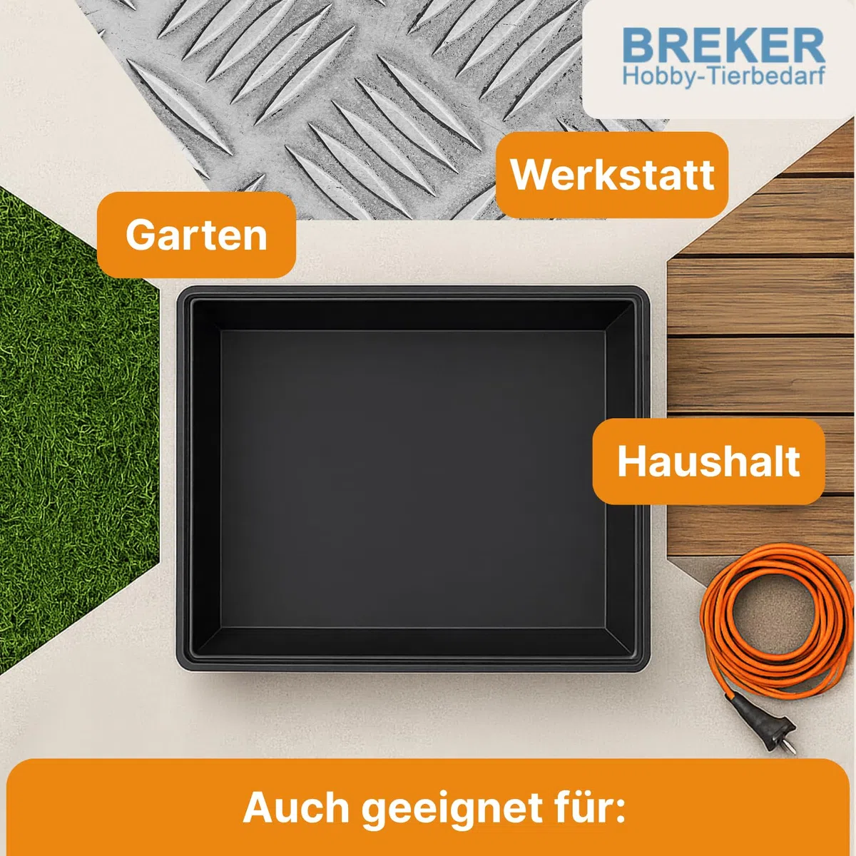 Breker Kunststoffwanne 60x60cm [geeignet als Kotwanne] 36 Liter Fassungsvolumen | Allzweckwanne | Plastikwanne | Schwarz