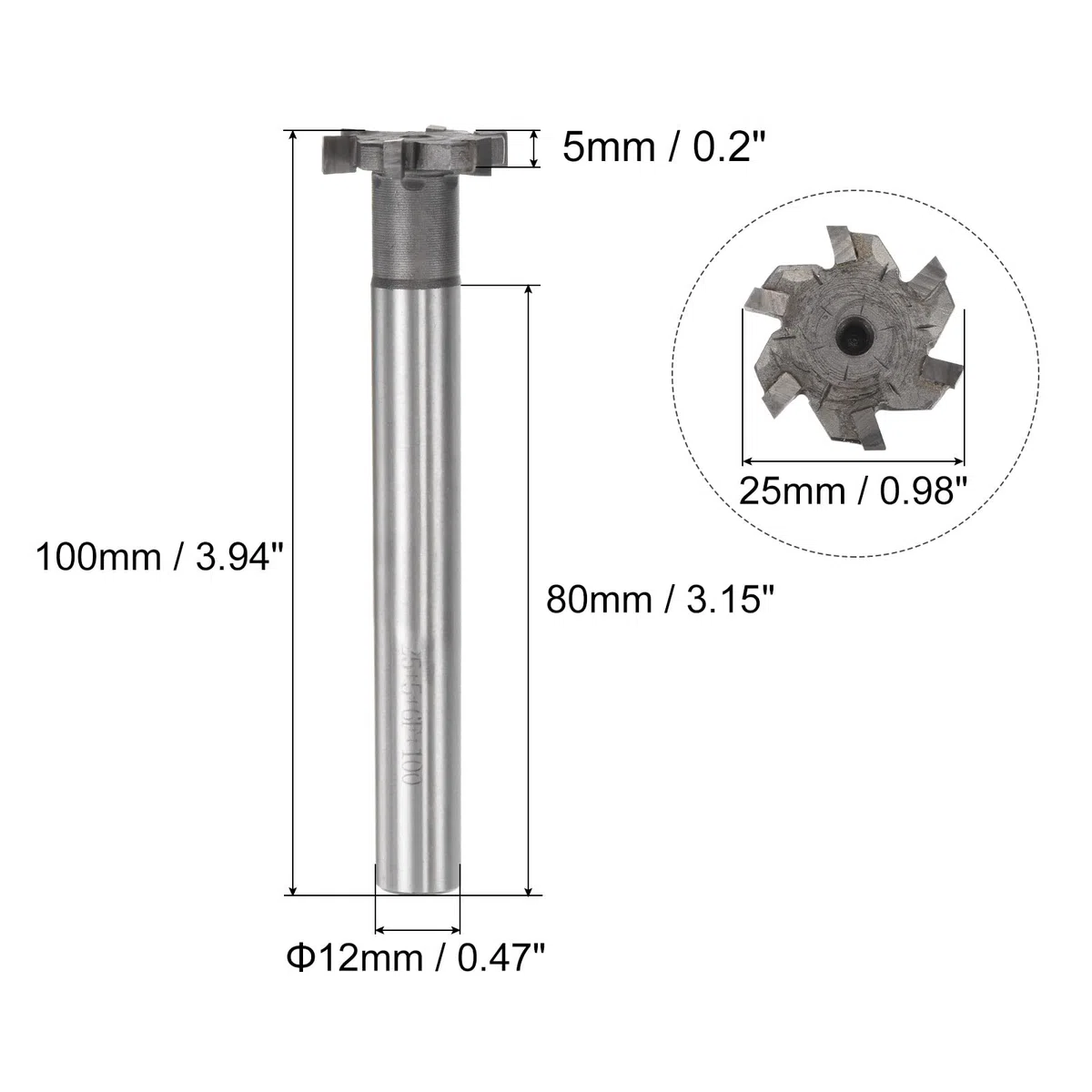 sourcing map T-Nut-Fräser, 5 mm Tiefe 25 mm Schnittdurchmesser 12 mm Schaft Wolframkarbidspitze 6 Rillen T-Nuten-Schaftfräser für Edelstahl, Kupfer, Aluminium