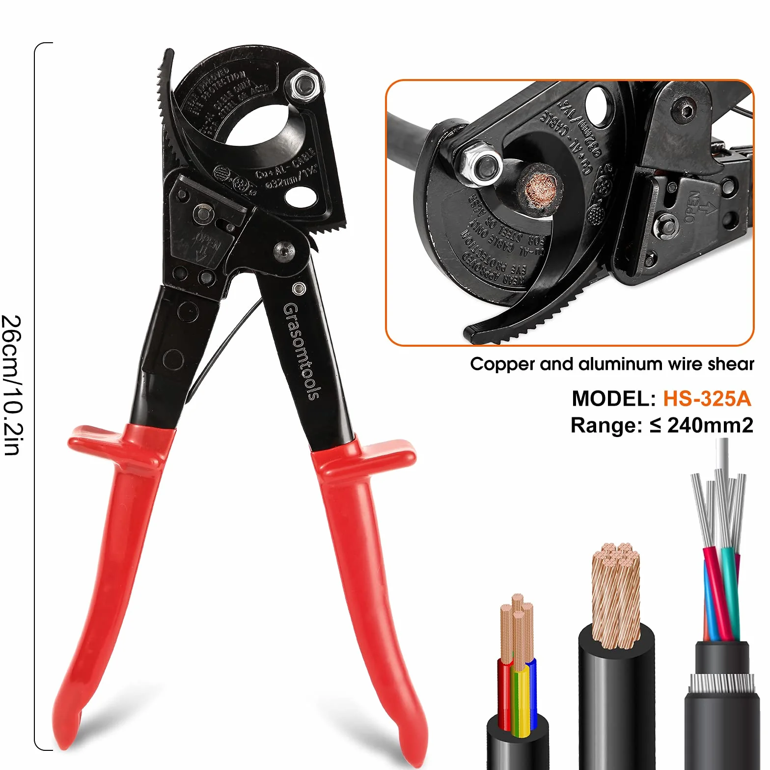 Ratschen-Kabelschneider, Ratschenschneider und Drahtkabelschneider, schneidet bis zu 240 mm², HS325A robuster Aluminium- und Kupfer-Ratschen-Kabelschneider