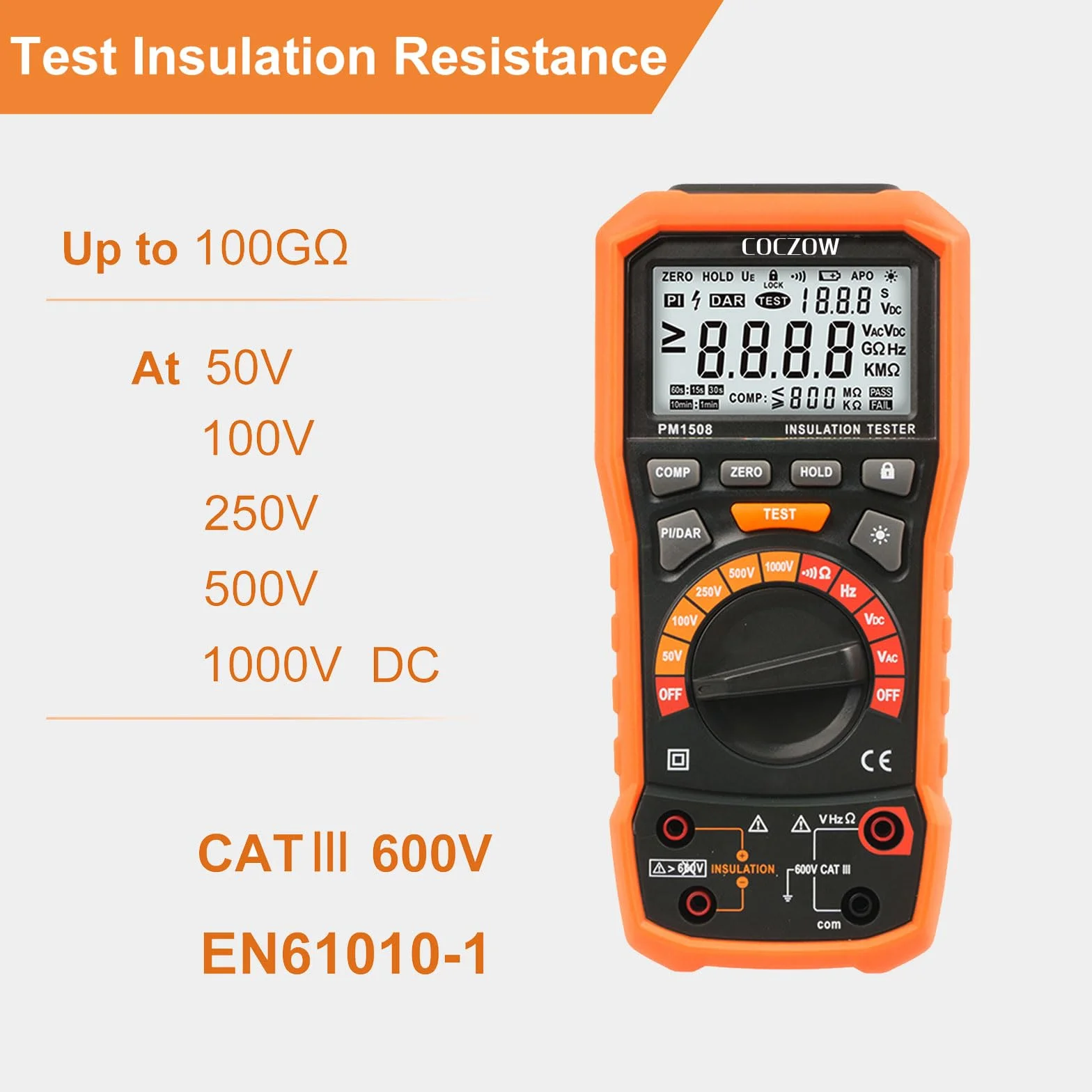 Digital Megohmmeter Isolationswiderstandsprüfer 1000V AC/DC für elektrische Geräte, Isolationswiderstand bis 100 GΩ, mit PI/DAR, Frequenz- und Niederspannungsprüfung, mit LCD-Display PM1508