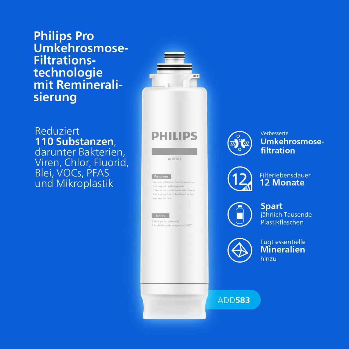 Philips Water 9000 Umkehrosmose-Wasserspender: heißes & gekühltes Wasser in Sekunden, Eiswürfelfunktion, 6-in-1-RO-Filter mit Mineralien, >110 Schadstoffe reduziert, 3:1 Rein-/Abwasser, UV-C, 2000 L