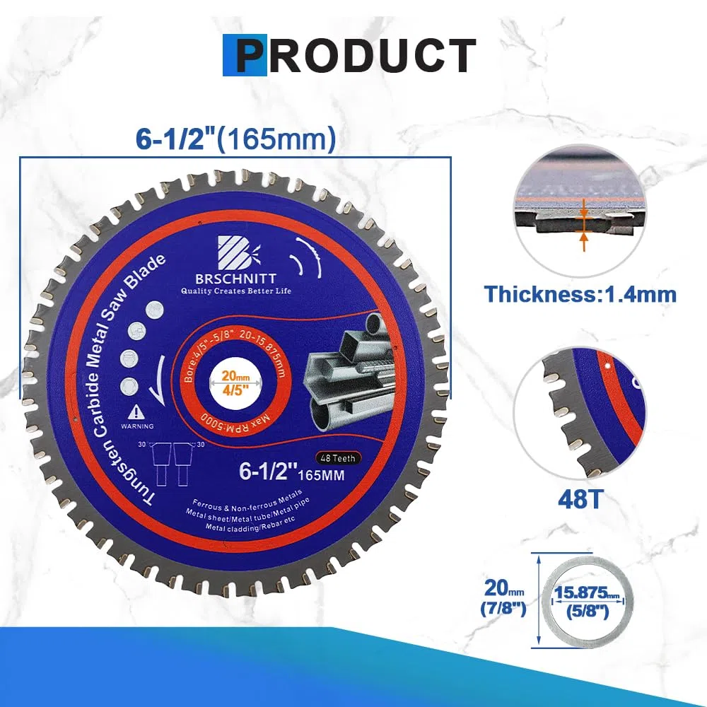 Kreissägeblatt Metall 165mm - BRSCHNITT 48T TCT Metallkreissägeblatt zum Schneiden von Eisen, Eisenrohren, Winkeleisen, Metall, für Kreissäge und Kappsäge,Bohrung:20/15.875MM