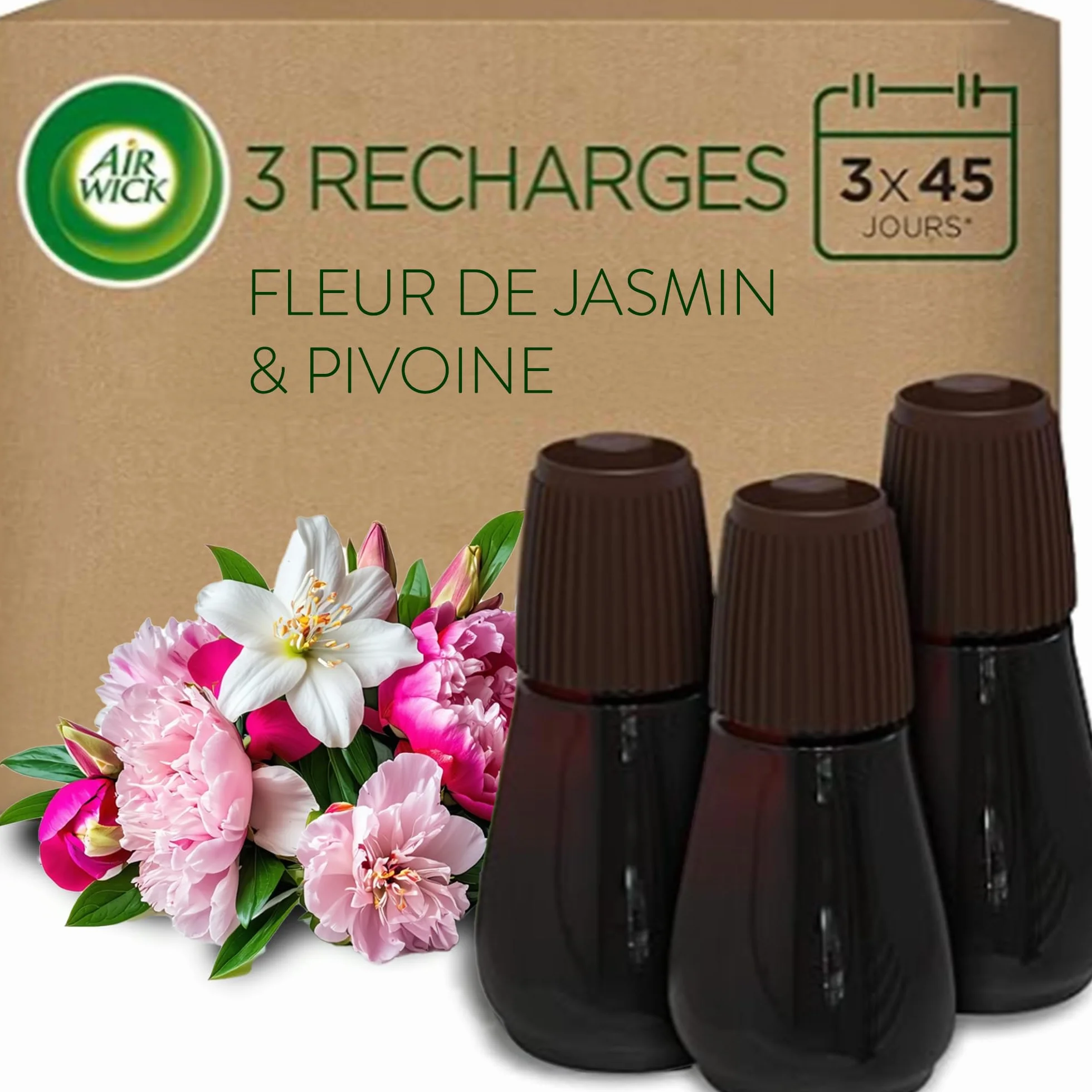 Air Wick Aroma-Öl Flakon Nachfüller – Duft: Pfingstrose & Jasminblüte – Floraler Wohnungsduft mit ätherischen Ölen – 3 x 20ml Duftöl Set